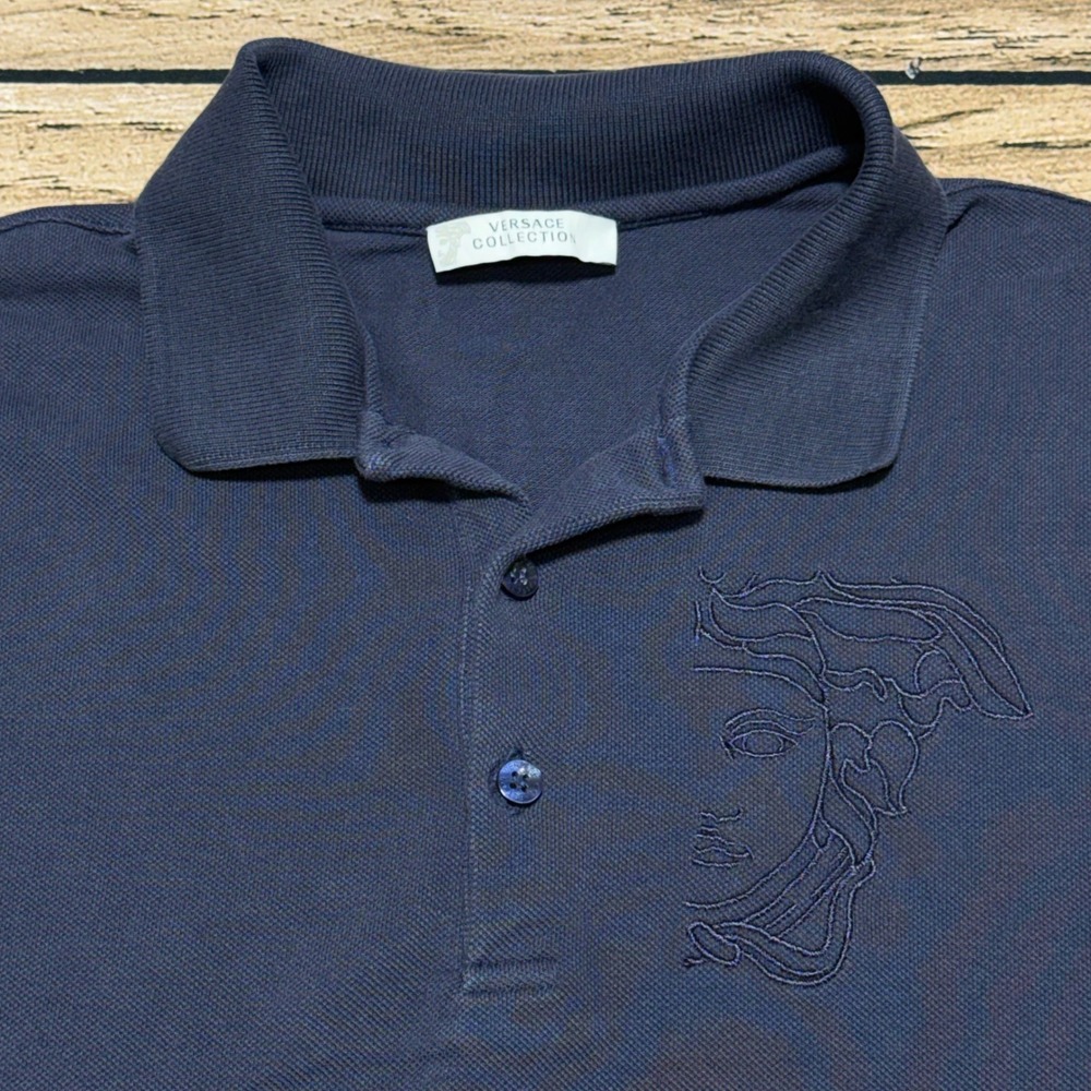Versace Collection Polo Shirt Navy Blue Medusa Head Embroidered Logo - Picture 1 of 6